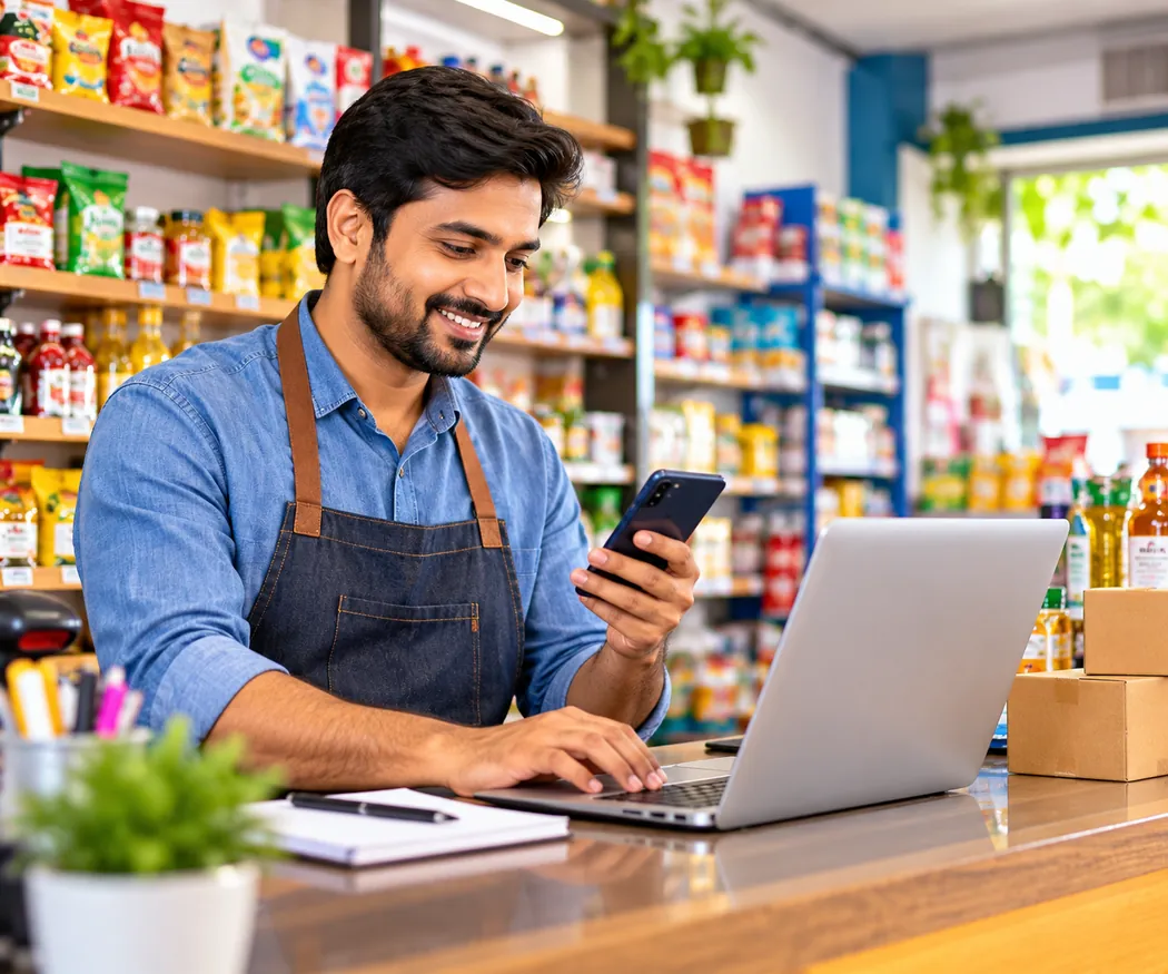 Local shop owner managing his business online